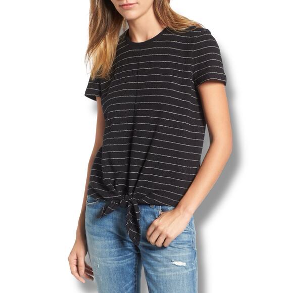 Madewell Size M Black Striped Modern Tie Front 100% Cotton Knit Tee Top - Picture 1 of 6